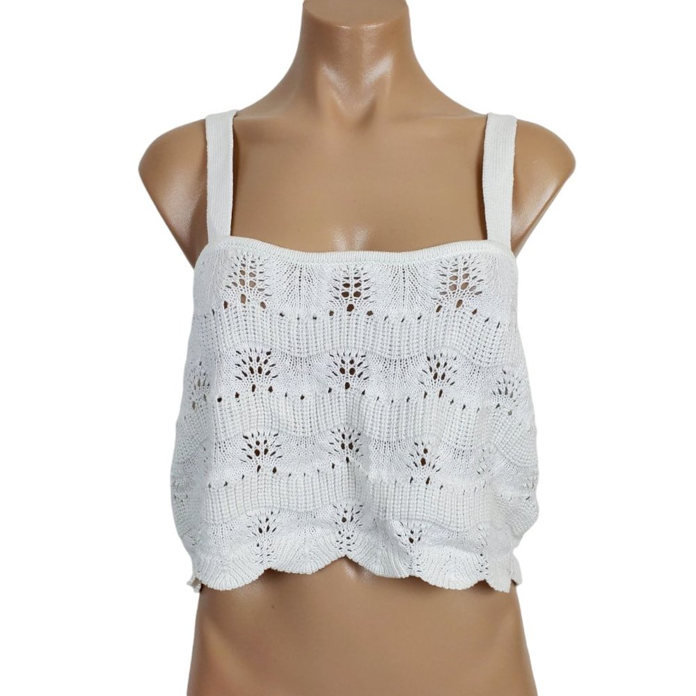 Abound Crochet Tank Top L White Sleeveless Cropped Cotton Pointelle Knit